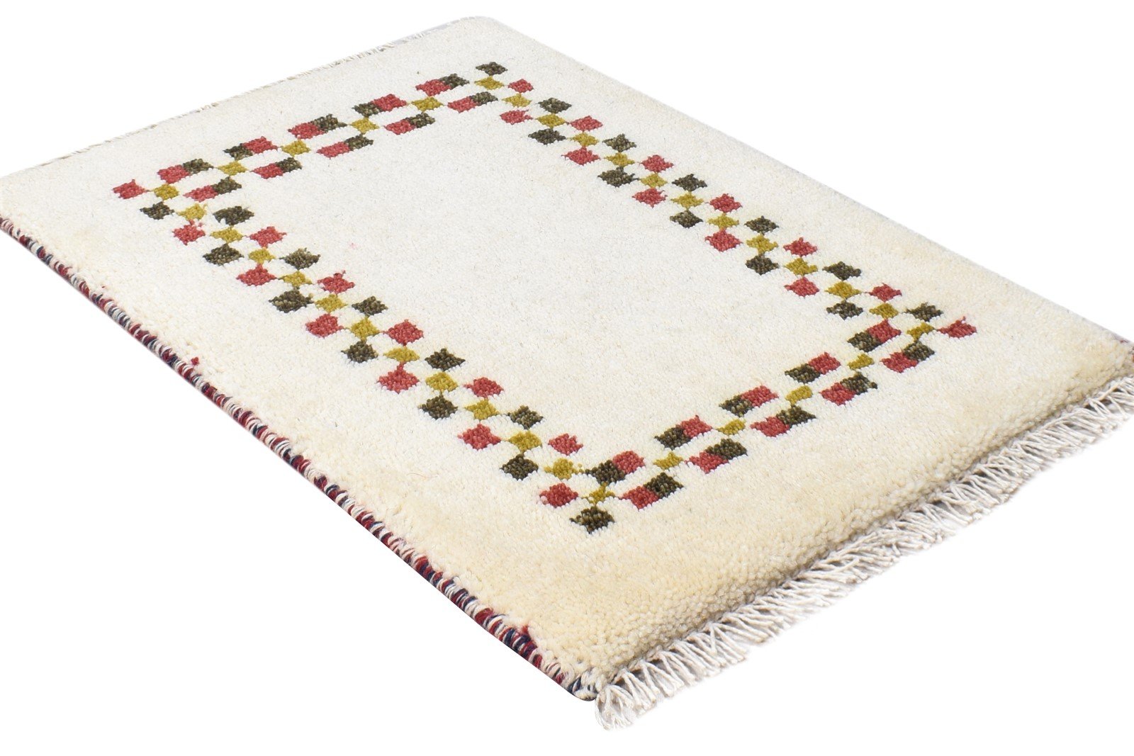 Wool Cream Rug 1' X 2' Modern Hand Knotted Scandinavian Bordered Small Carpet 