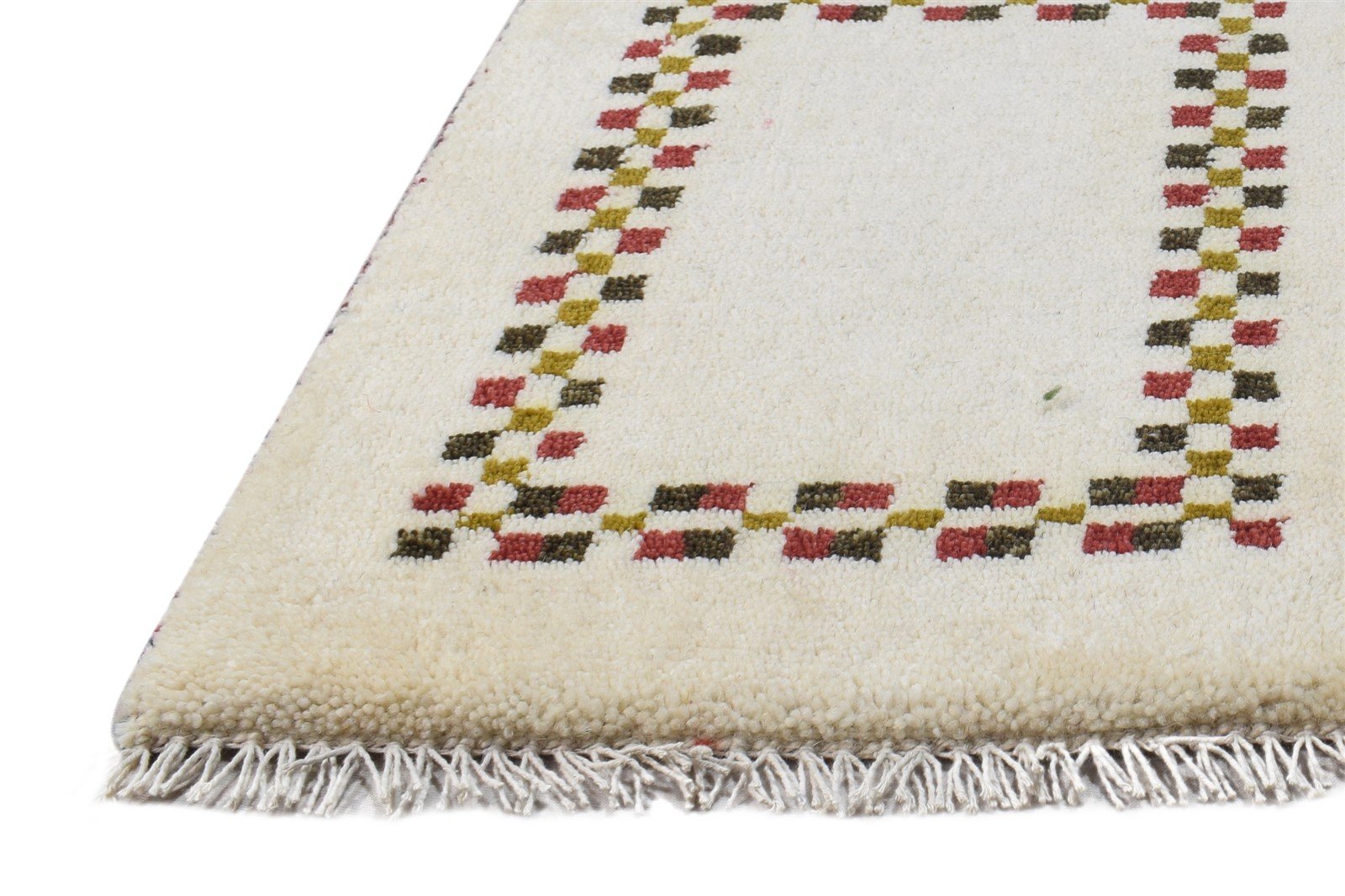 Wool Cream Rug 1' X 2' Modern Hand Knotted Scandinavian Bordered Small Carpet 