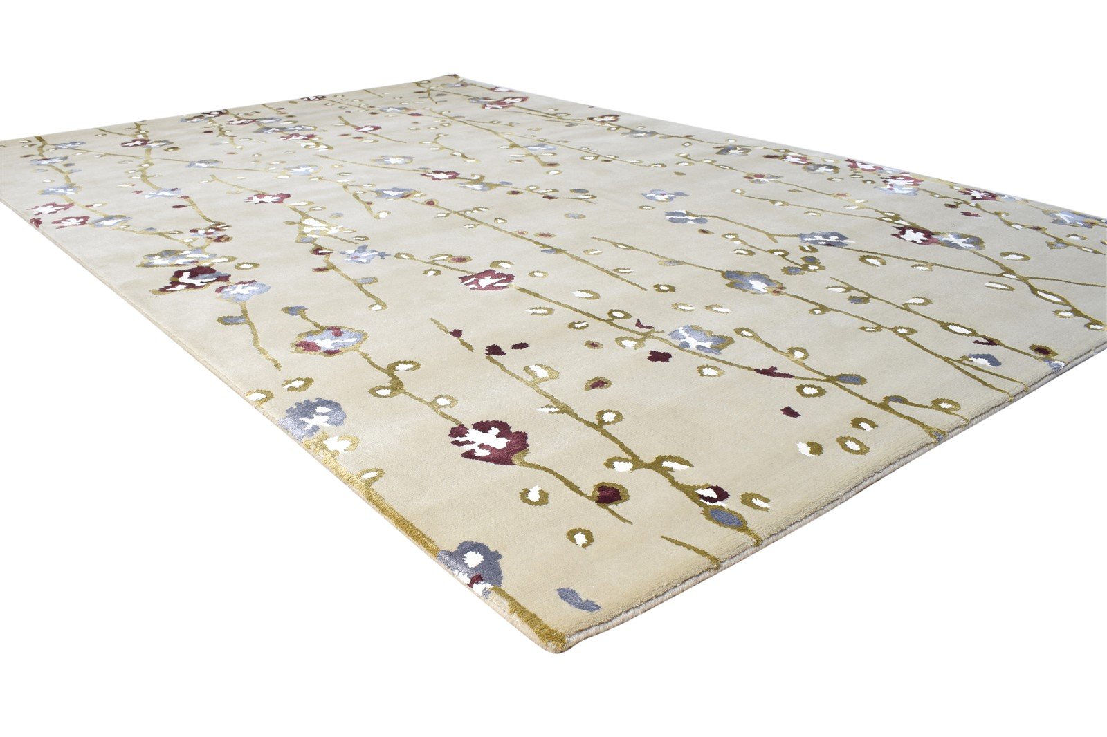 Hand Knotted Beige Wool / Silk Rug 6X9 Modern French Floral Room Size Carpet 