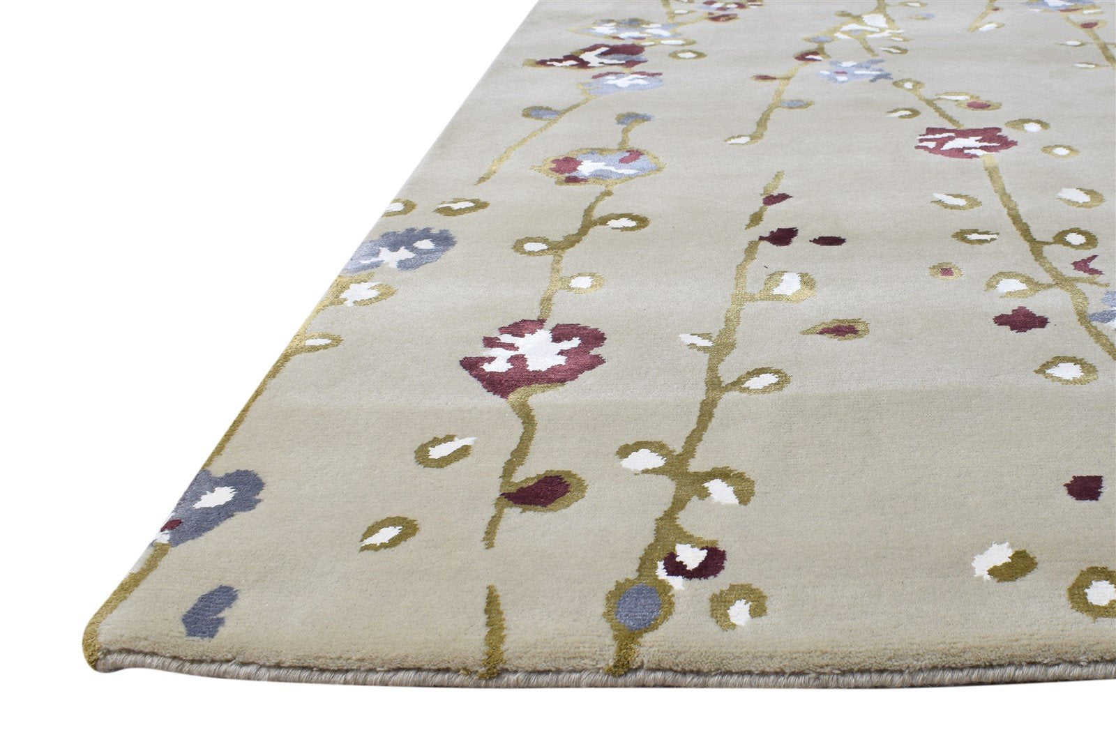 Hand Knotted Beige Wool / Silk Rug 6X9 Modern French Floral Room Size Carpet 