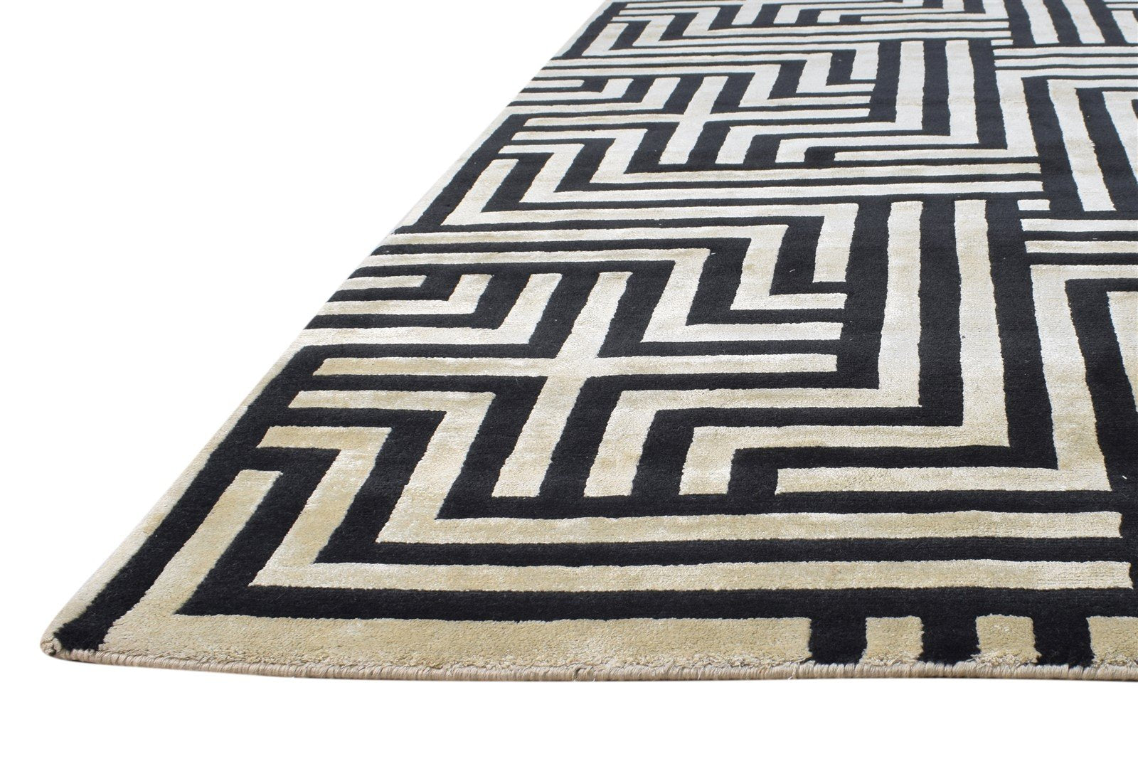 Black Silk Rug 6' X 9' Modern Hand Knotted Moroccan Geometric Room Size Carpet 