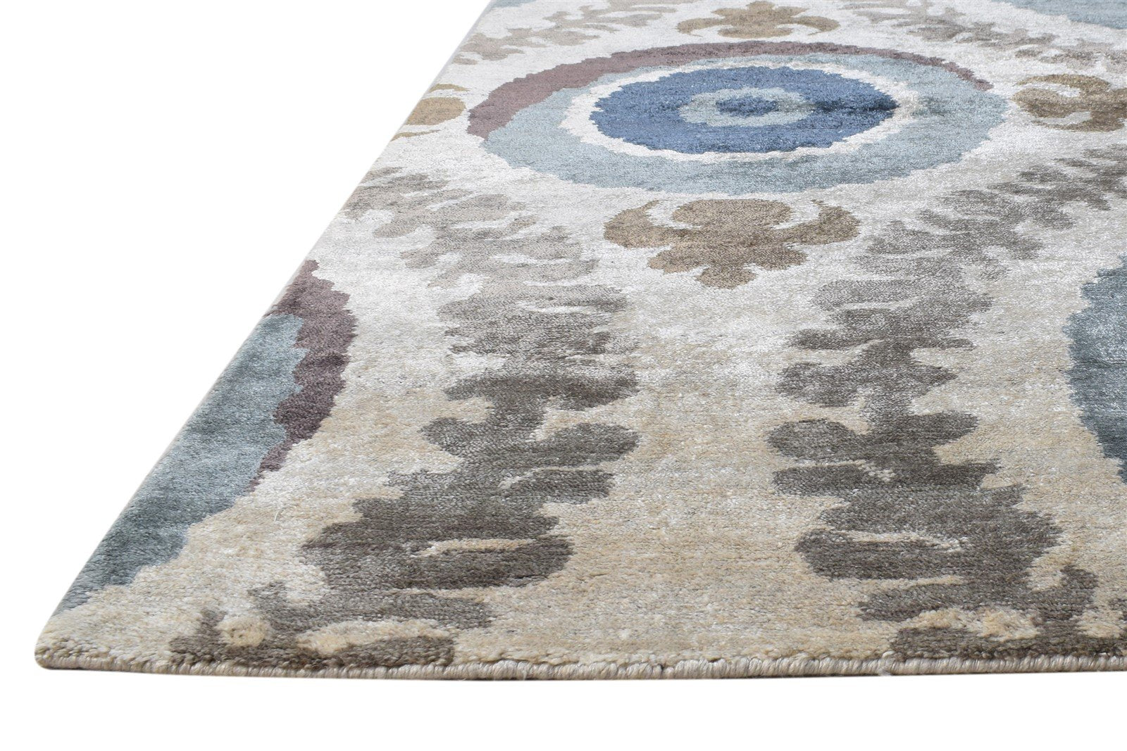 Beige Silk Rug 6' X 9' Modern Hand Knotted European Circles Room Size Carpet 