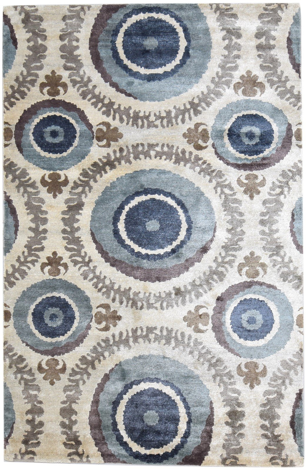 Beige Silk Rug 6' X 9' Modern Hand Knotted European Circles Room Size Carpet 