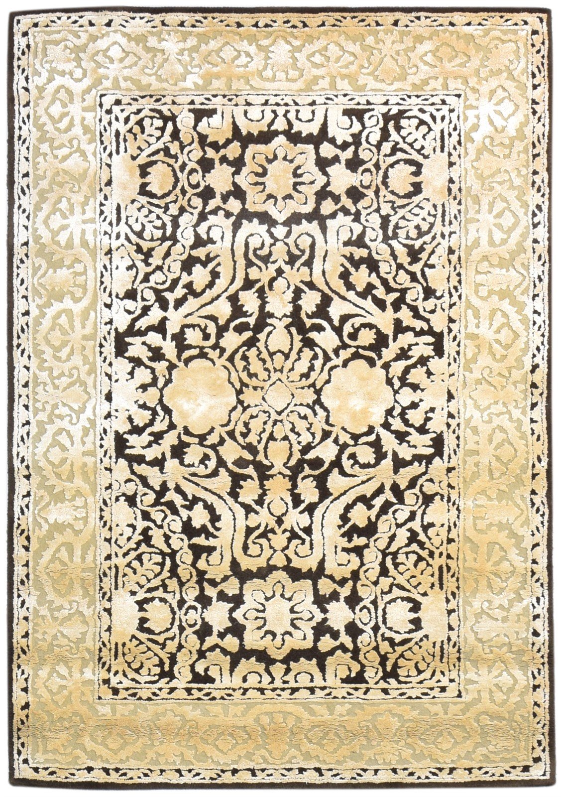 Brown Wool / Silk Rug 4X6 Persien Hand Tufted Mughal Oriental Room Size Carpet 