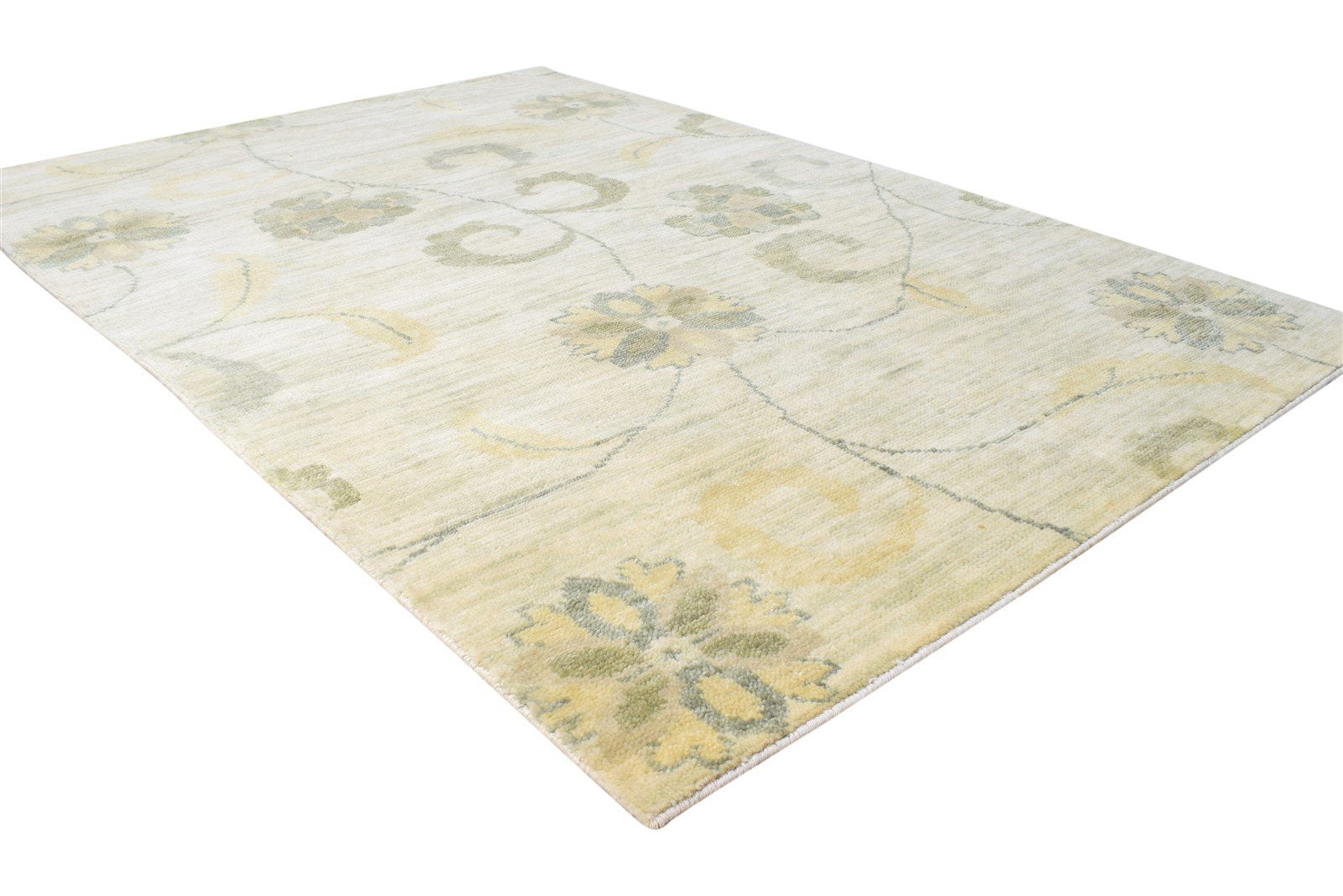 Beige Wool Rug 4' X 6' Modern Hand Knotted French Floral Room Size Carpet 