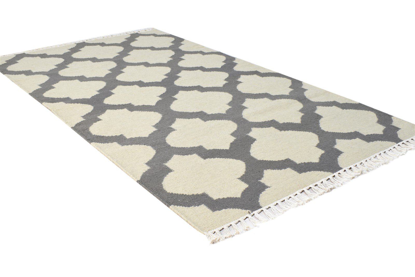 Dhurrie Grey Wool Rug 3' X 5' Modern Moroccan Scroll Tile Small Carpet 