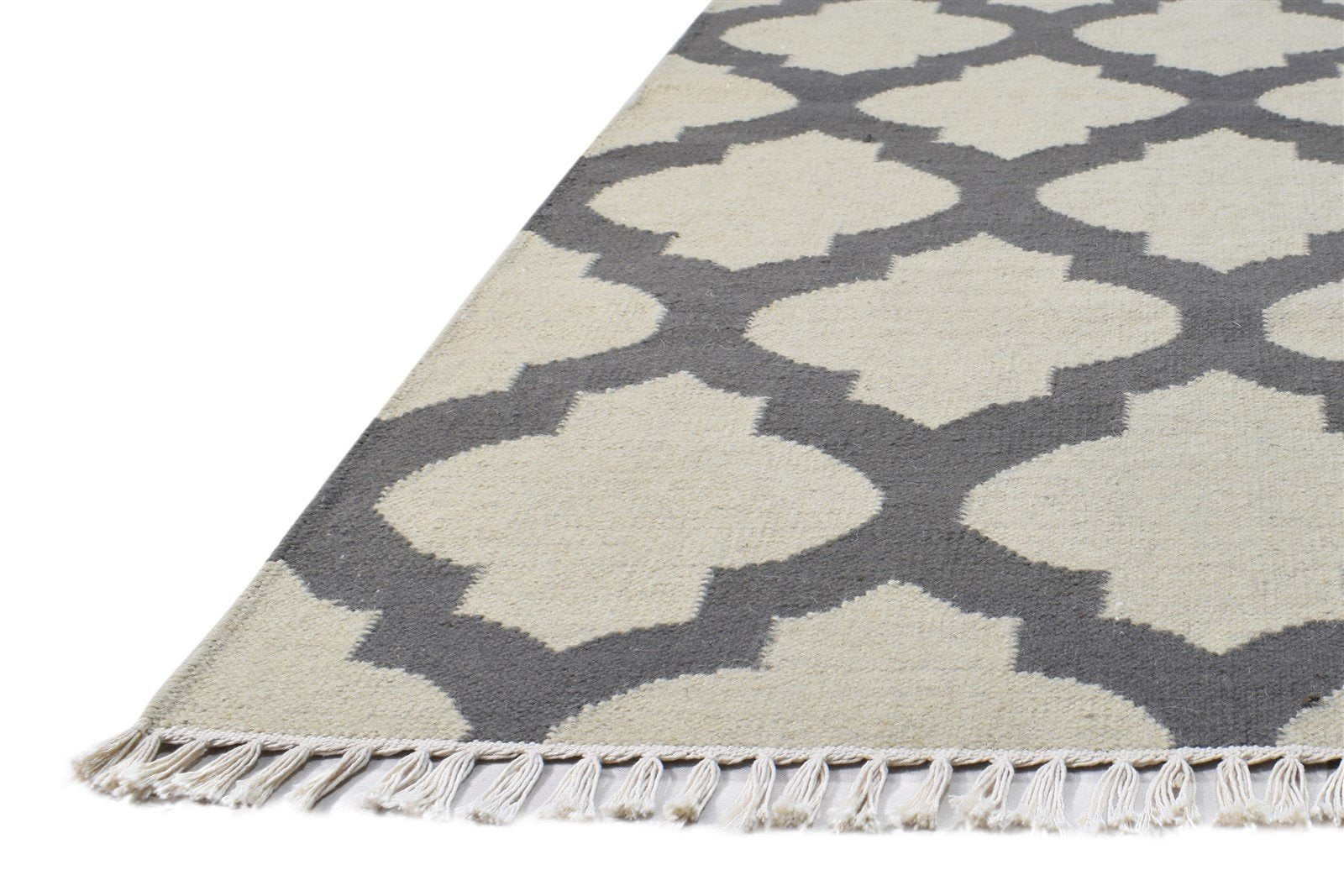 Dhurrie Grey Wool Rug 3' X 5' Modern Moroccan Scroll Tile Small Carpet 