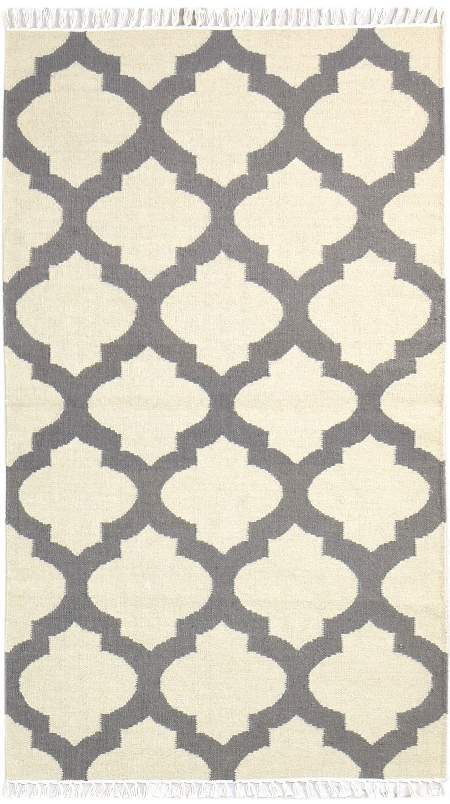 Dhurrie Grey Wool Rug 3' X 5' Modern Moroccan Scroll Tile Small Carpet 