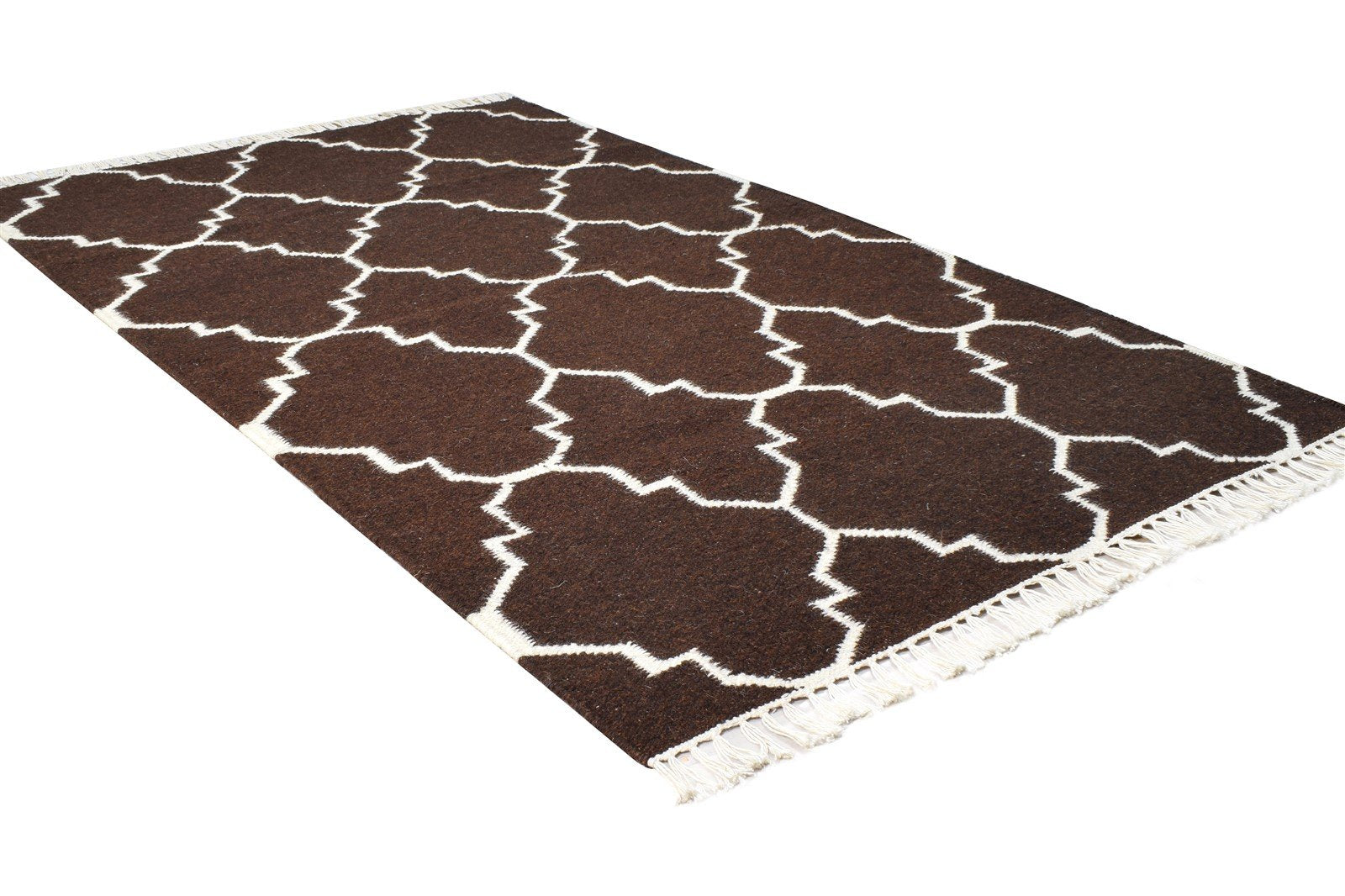 Brown Wool Rug 3' X 5' Modern Dhurrie Moroccan Scroll Tile Small Carpet 