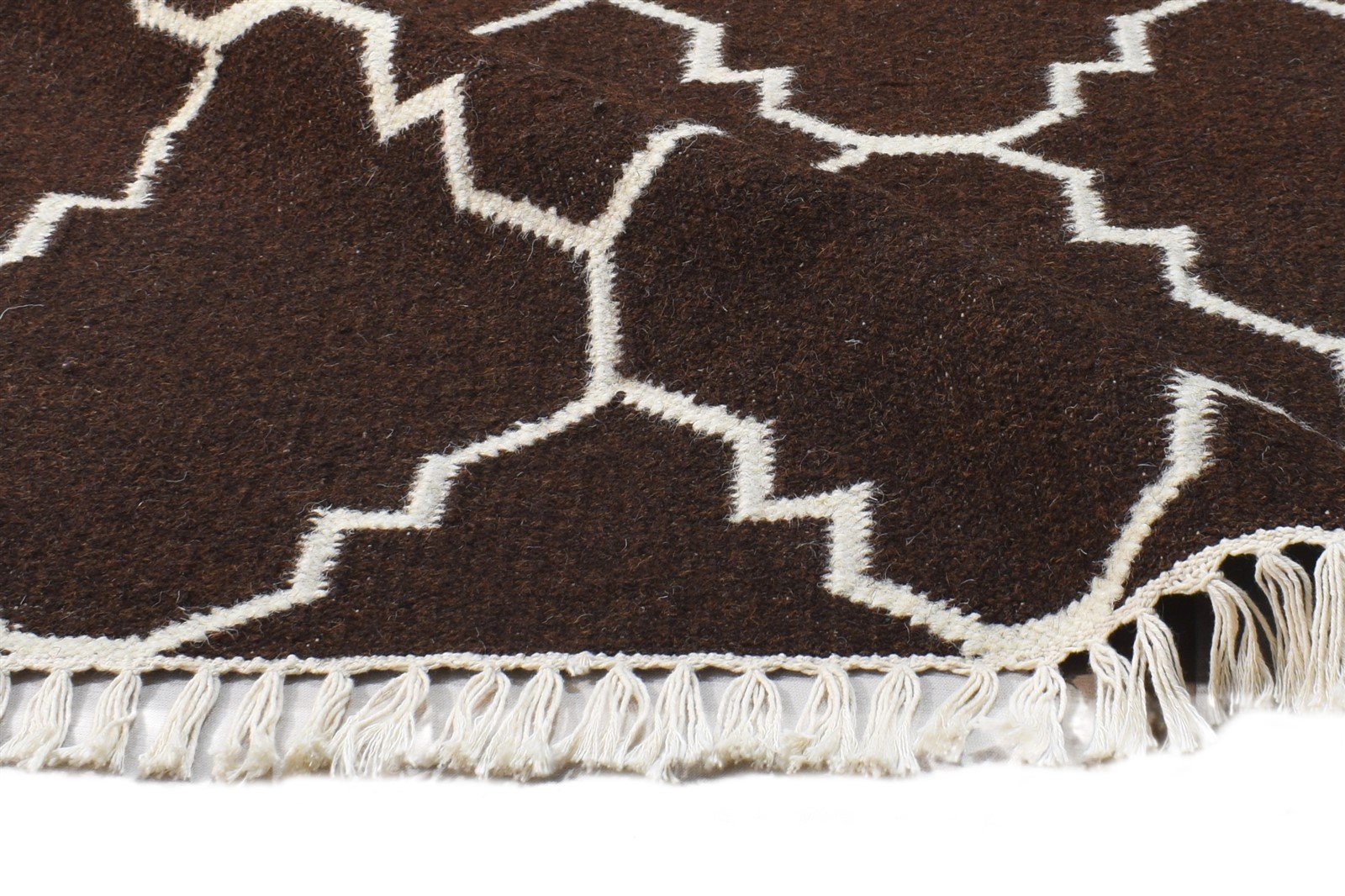 Brown Wool Rug 3' X 5' Modern Dhurrie Moroccan Scroll Tile Small Carpet 