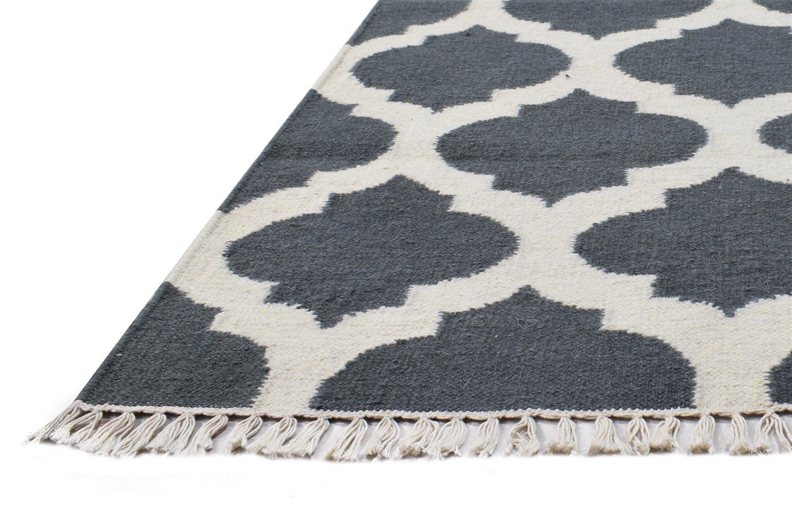 Dhurrie Charcoal Wool Rug 3' X 5' Modern Moroccan Scroll Tile Small Carpet 