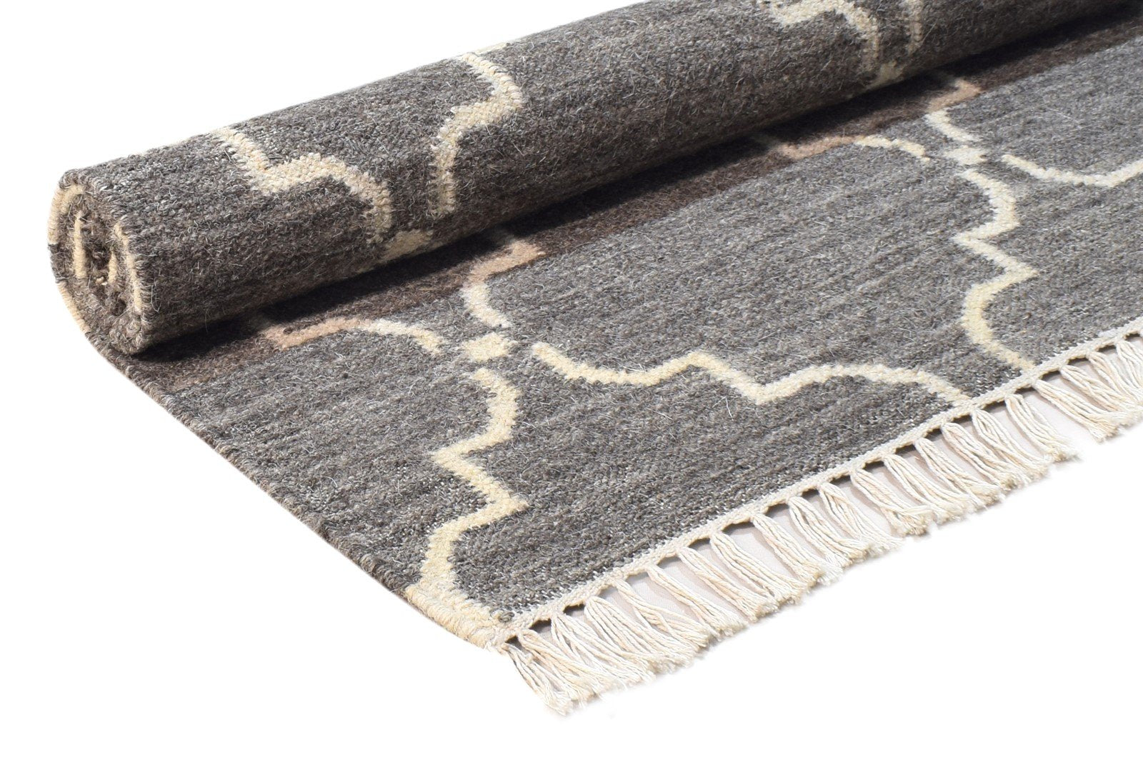 Dhurrie Grey Wool Rug 3' X 5' Modern Moroccan Scroll Tile Small Carpet 