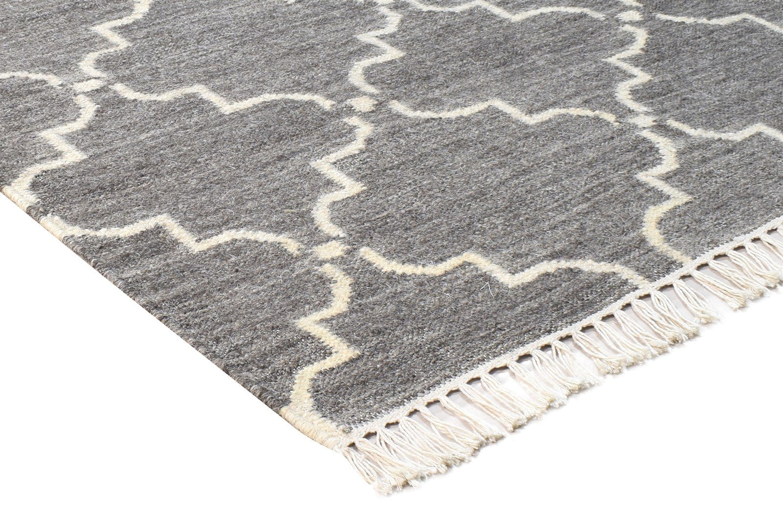 Dhurrie Grey Wool Rug 3' X 5' Modern Moroccan Scroll Tile Small Carpet 