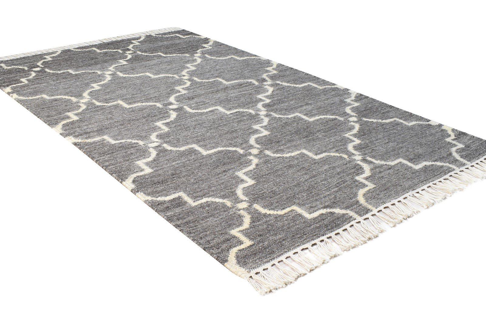 Dhurrie Grey Wool Rug 3' X 5' Modern Moroccan Scroll Tile Small Carpet 