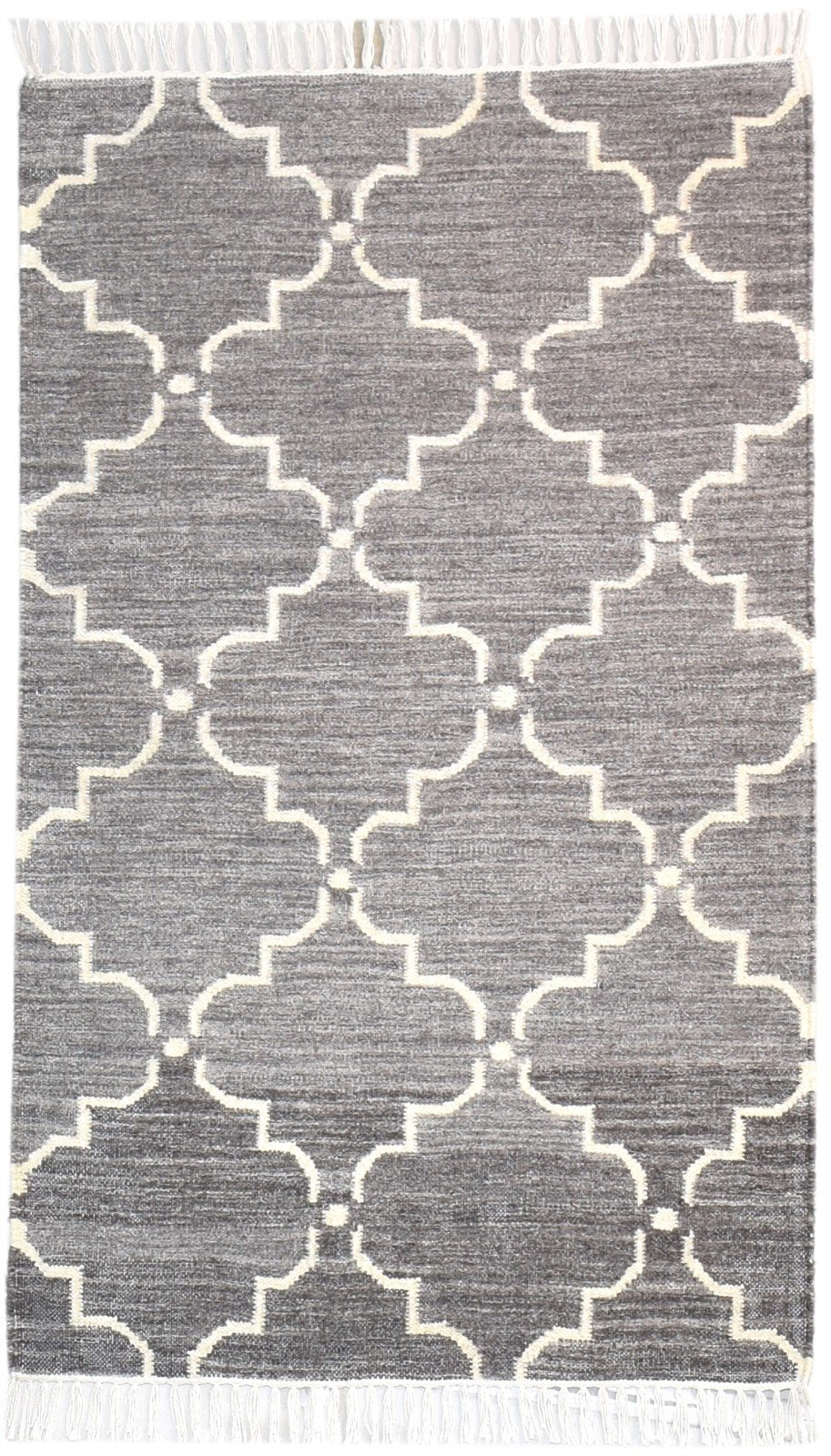 Dhurrie Grey Wool Rug 3' X 5' Modern Moroccan Scroll Tile Small Carpet 