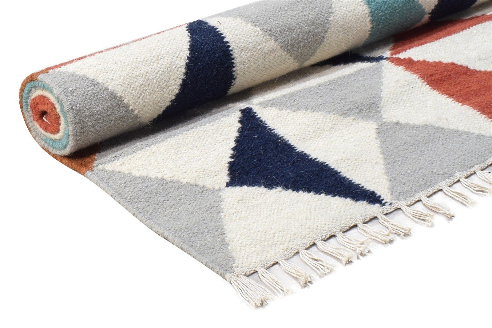 Ivory Wool Rug 3' X 5' Modern Dhurrie Scandinavian Triangles Small Carpet 