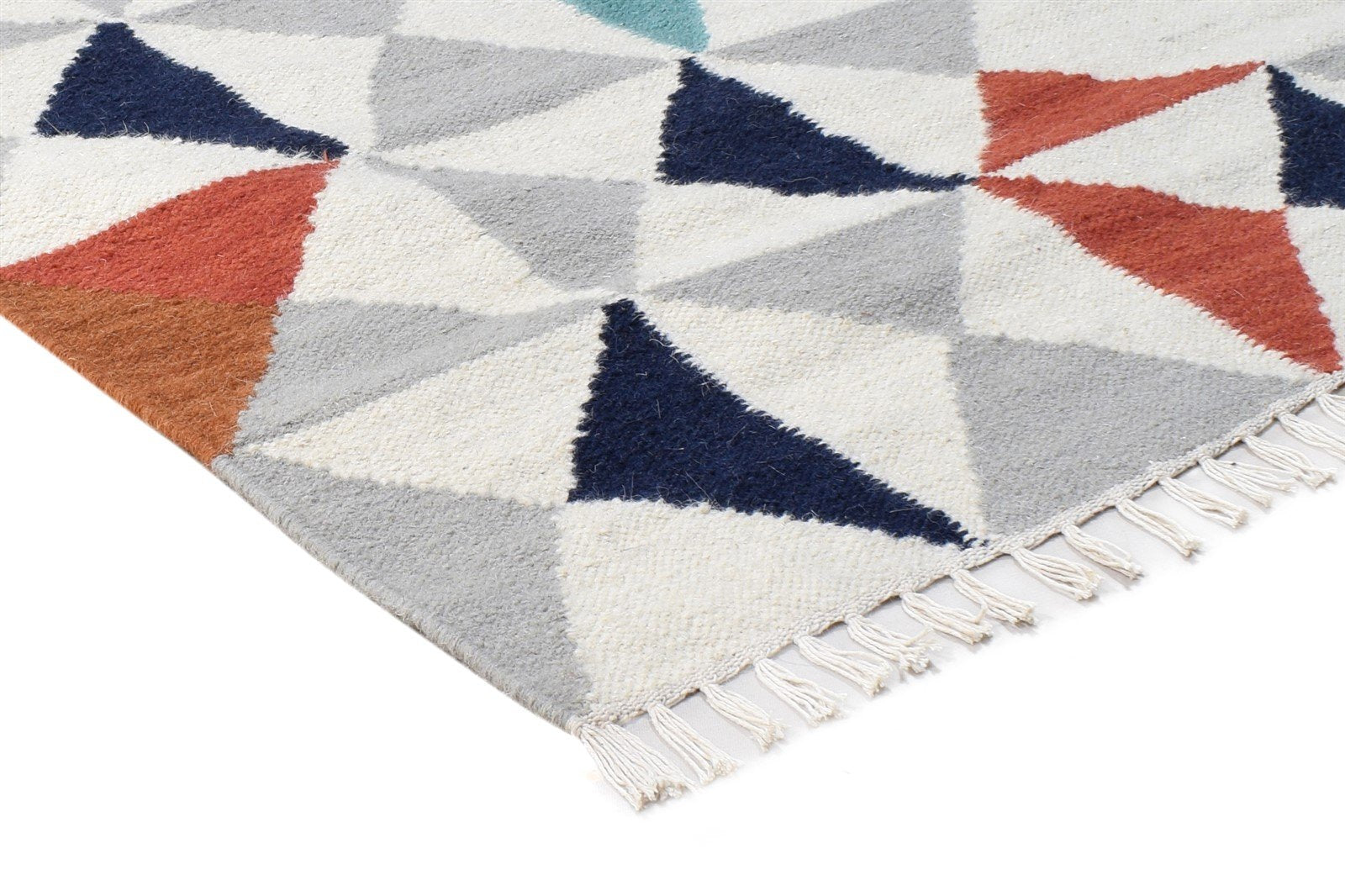 Ivory Wool Rug 3' X 5' Modern Dhurrie Scandinavian Triangles Small Carpet 