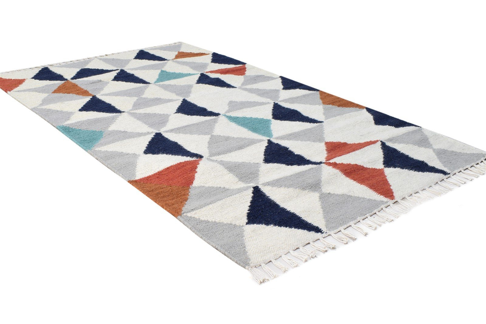 Ivory Wool Rug 3' X 5' Modern Dhurrie Scandinavian Triangles Small Carpet 