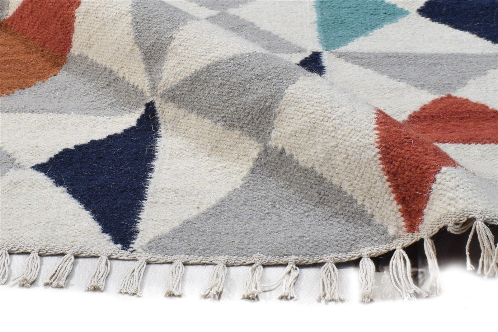 Ivory Wool Rug 3' X 5' Modern Dhurrie Scandinavian Triangles Small Carpet 