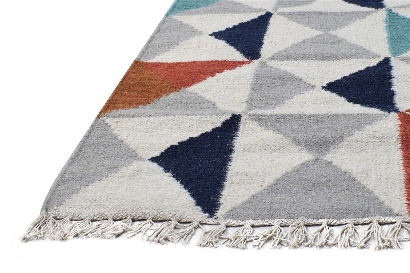 Ivory Wool Rug 3' X 5' Modern Dhurrie Scandinavian Triangles Small Carpet 