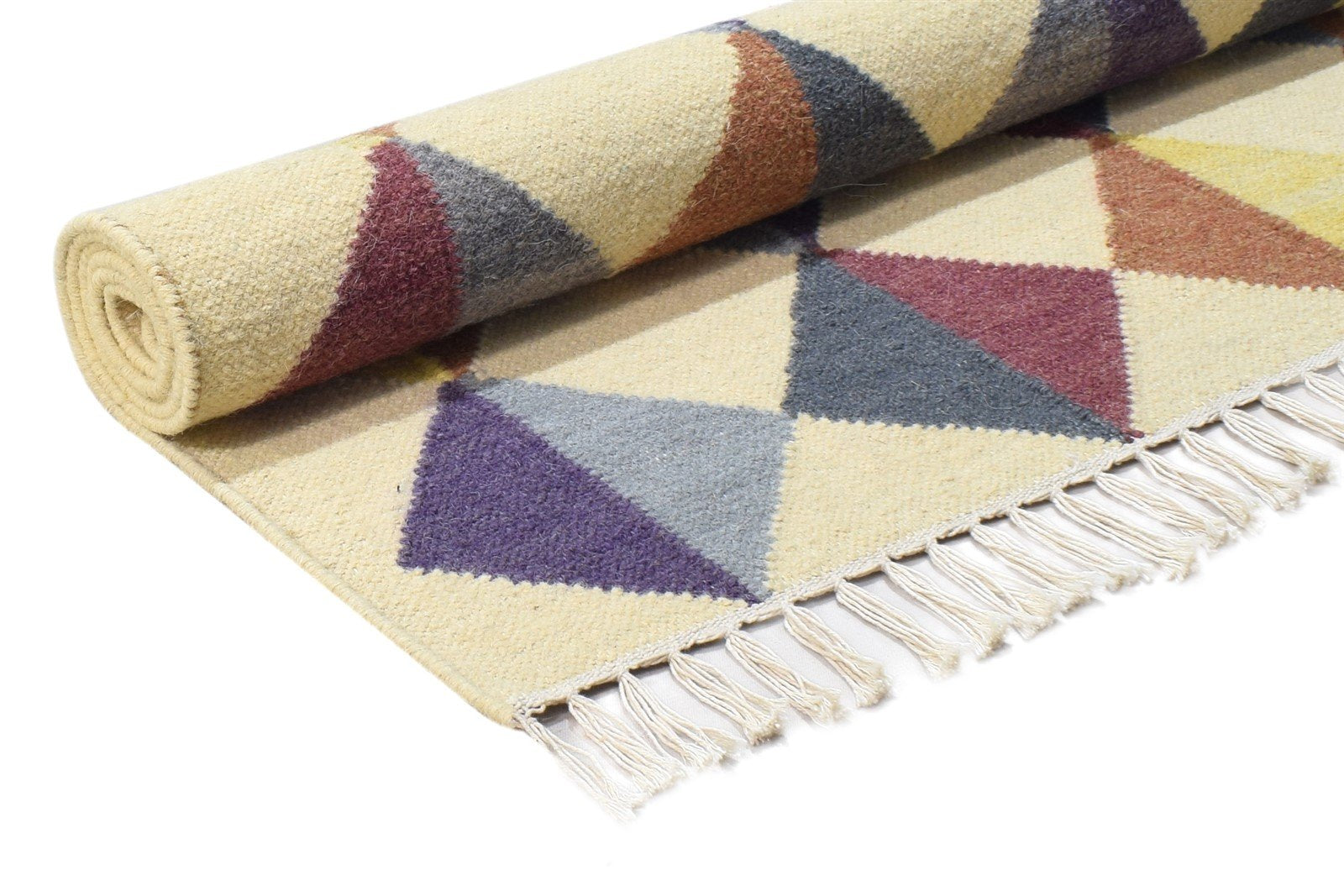 Dhurrie Multi Color Wool Rug 3' X 5' Modern Scandinavian Triangles Small Carpet 