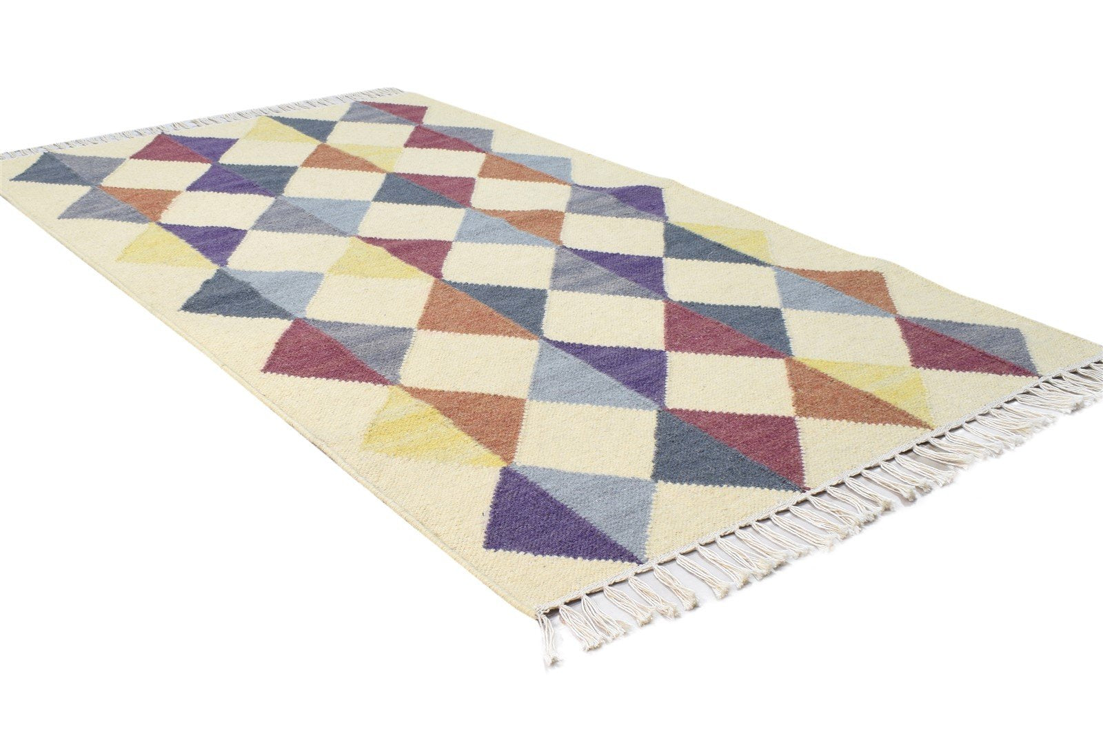 Dhurrie Multi Color Wool Rug 3' X 5' Modern Scandinavian Triangles Small Carpet 