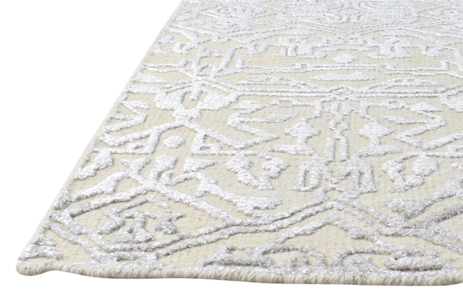 Wool Silk Cream Rug 2X3 Modern Hand Knotted Scandinavian Nordic Small Carpet 