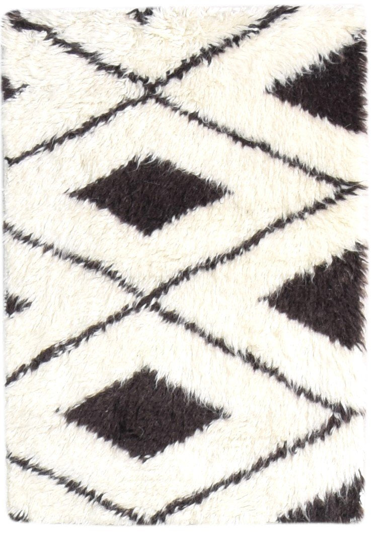 Hand Knotted Cream Wool Rug 2' X 3' Modern Scandinavian Diamond Small Carpet 