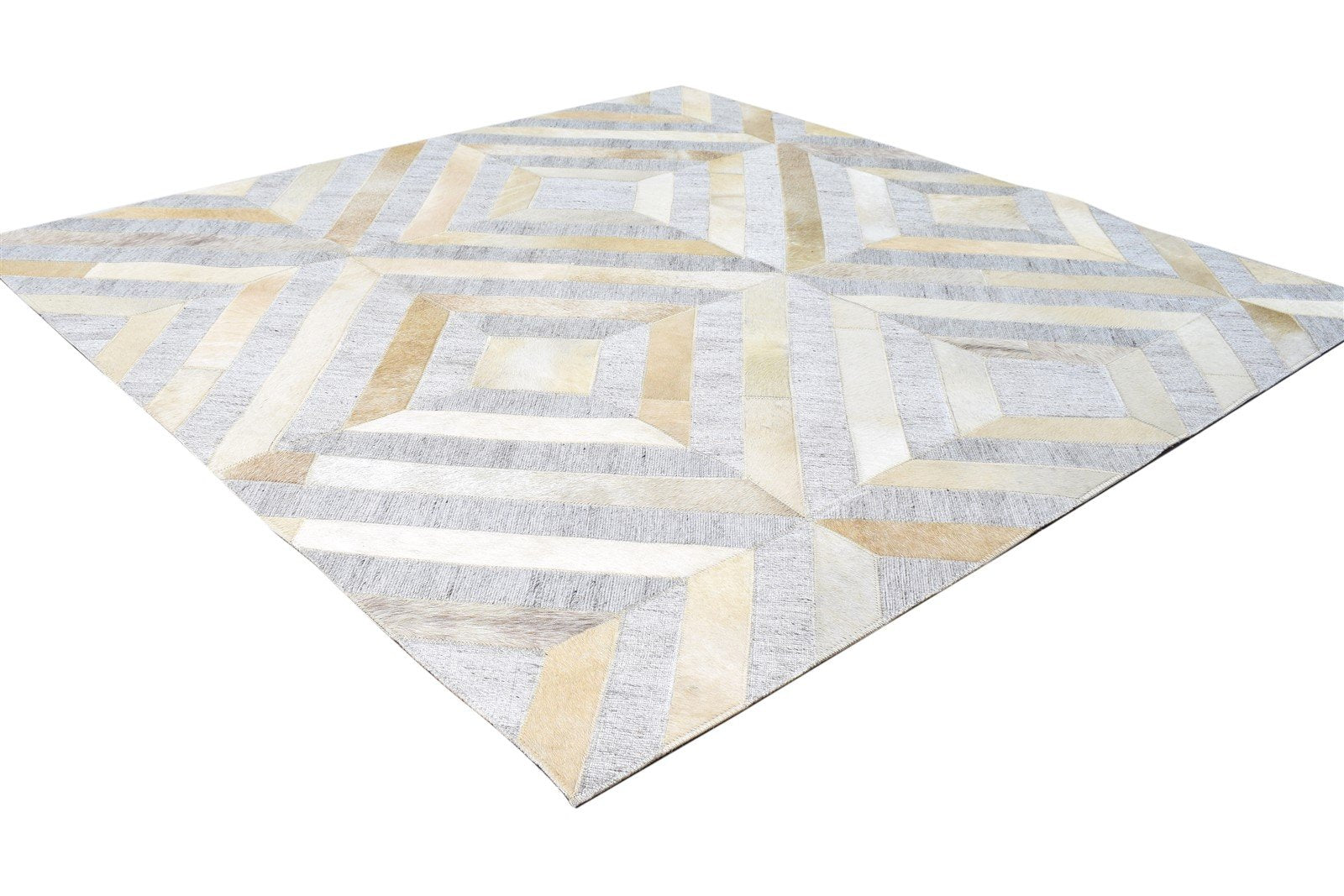 Leather / Cotton Beige Rug 4X4 Modern Hand Woven Moroccan Geometric Room Size 