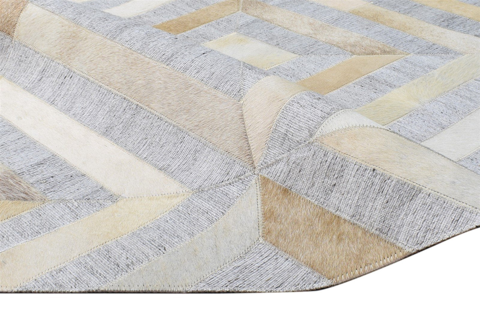 Leather / Cotton Beige Rug 4X4 Modern Hand Woven Moroccan Geometric Room Size 