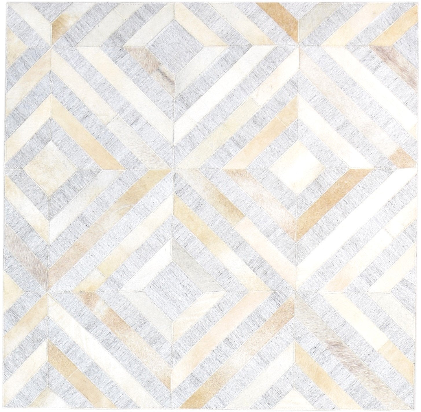 Leather / Cotton Beige Rug 4X4 Modern Hand Woven Moroccan Geometric Room Size 