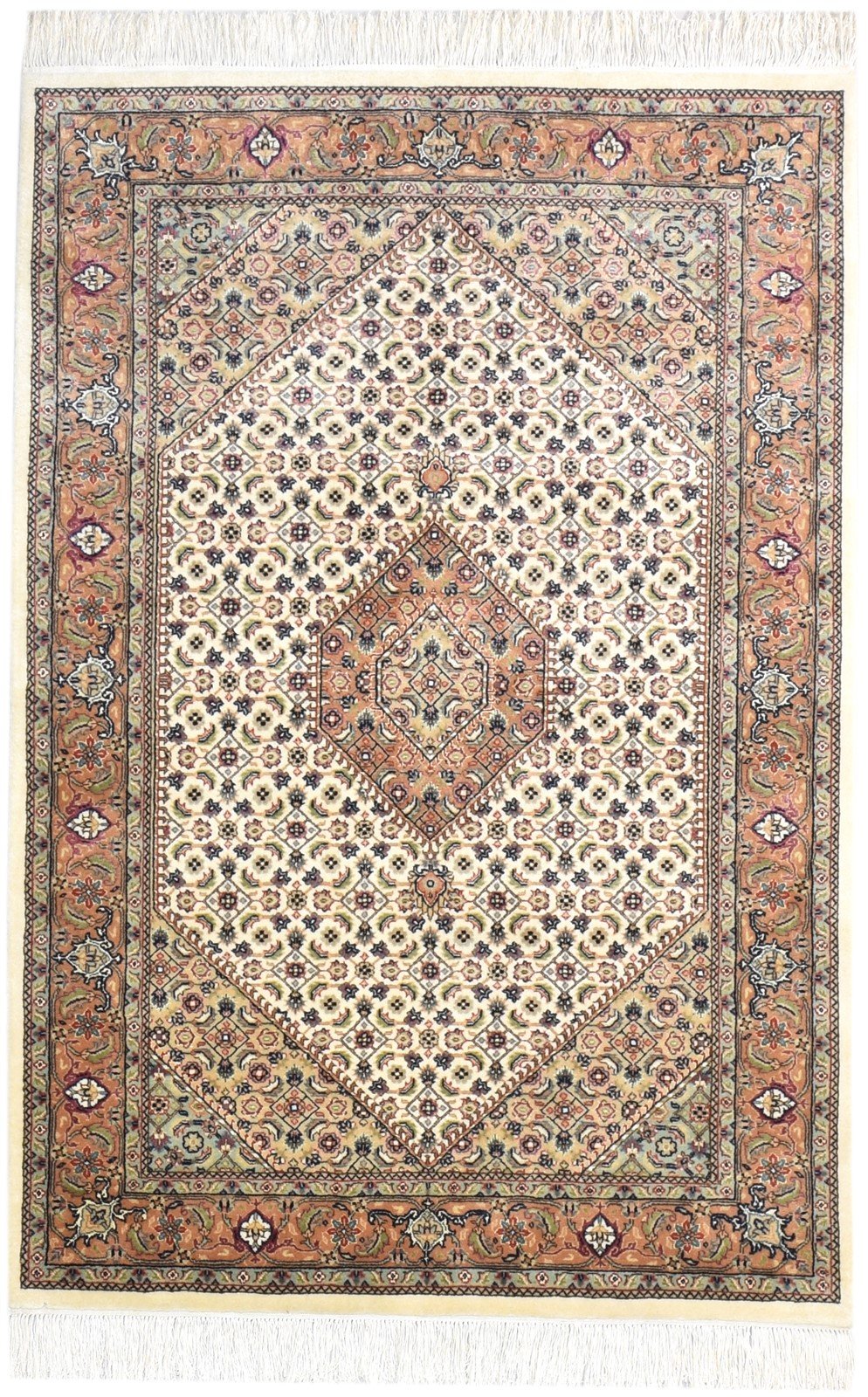 Beige Wool / Silk Rug 4X6 Persien Hand Knotted Kashan Oriental Room Size Carpet 