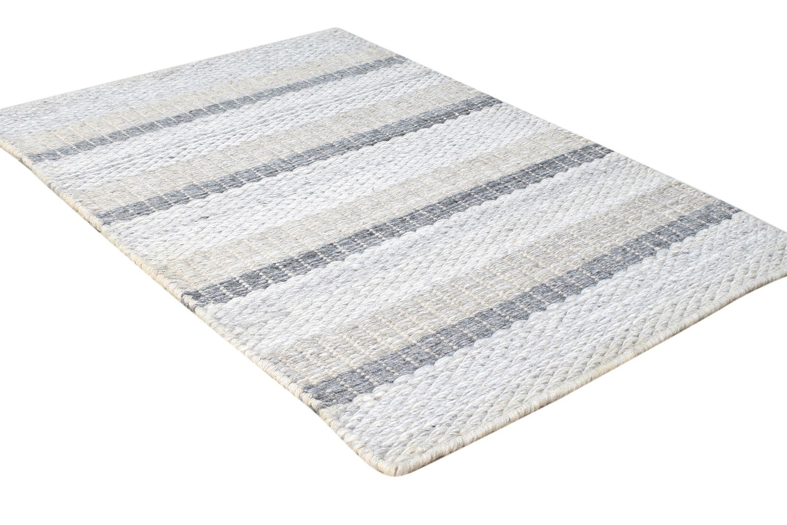 Grey Wool Rug 2' X 3' Modern Dhurrie Scandinavian Striped Small Carpet 