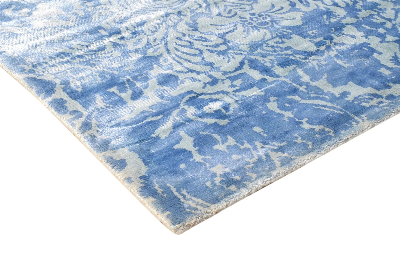 Handloom Blue Silk Rug 5' X 8' Modern Moroccan Damask Room Size Carpet 