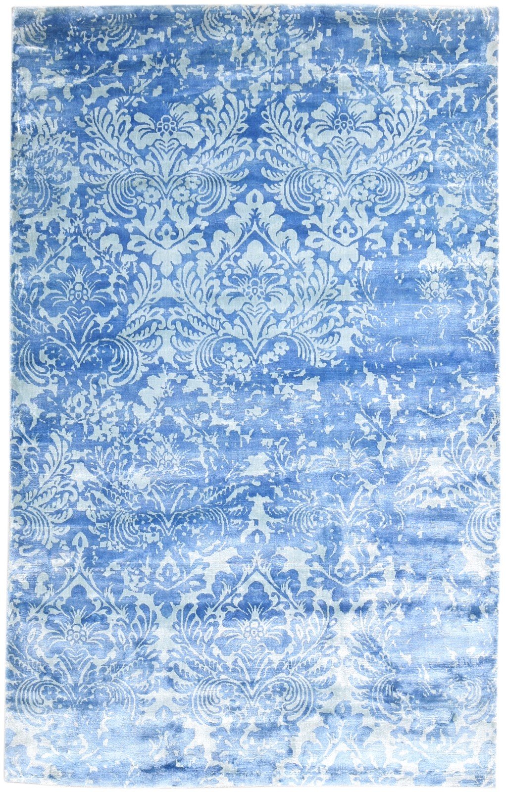 Handloom Blue Silk Rug 5' X 8' Modern Moroccan Damask Room Size Carpet 