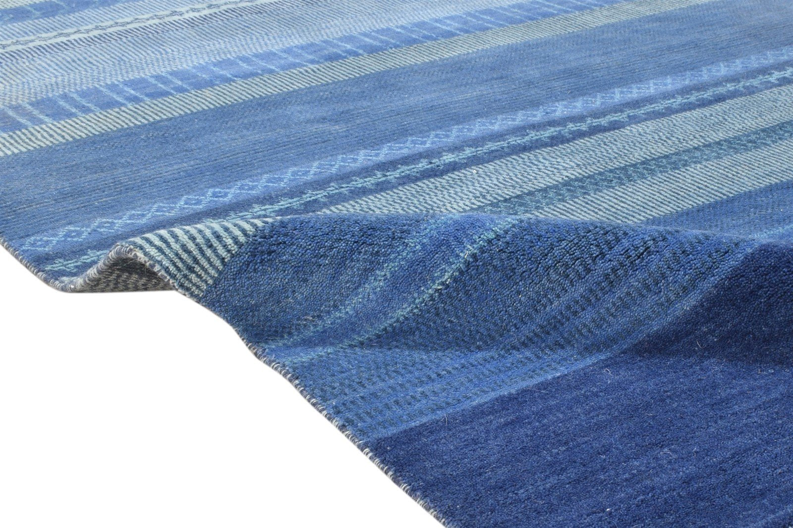 8' X 10' Rug Wool Blue Modern Handloom Bohemian Striped Large Carpet 