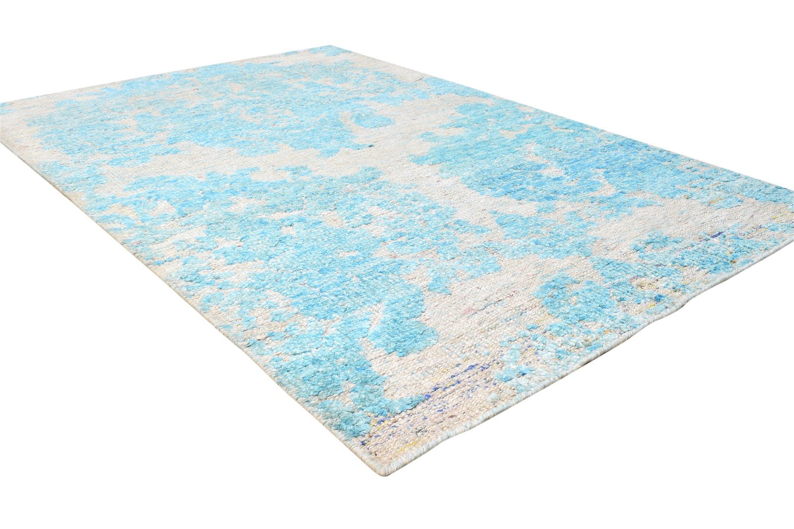 Hand Knotted Blue Silk Rug 4' X 6' Modern European Damask Room Size Carpet 