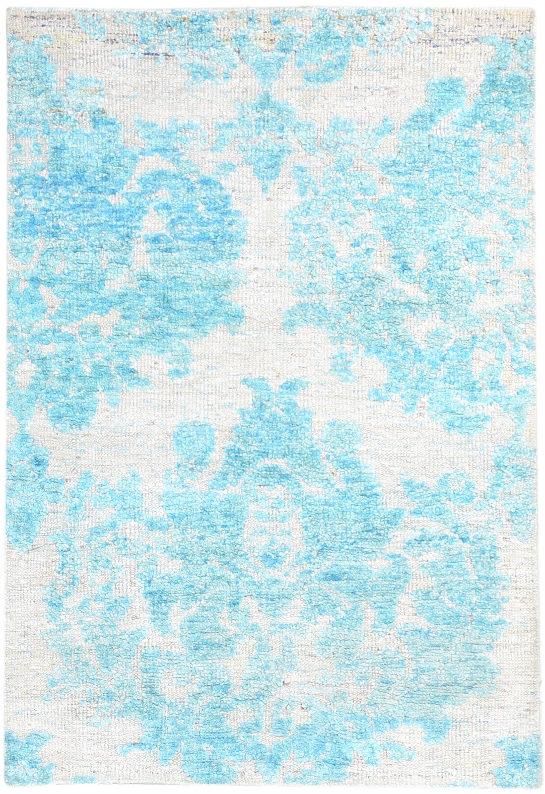 Hand Knotted Blue Silk Rug 4' X 6' Modern European Damask Room Size Carpet 