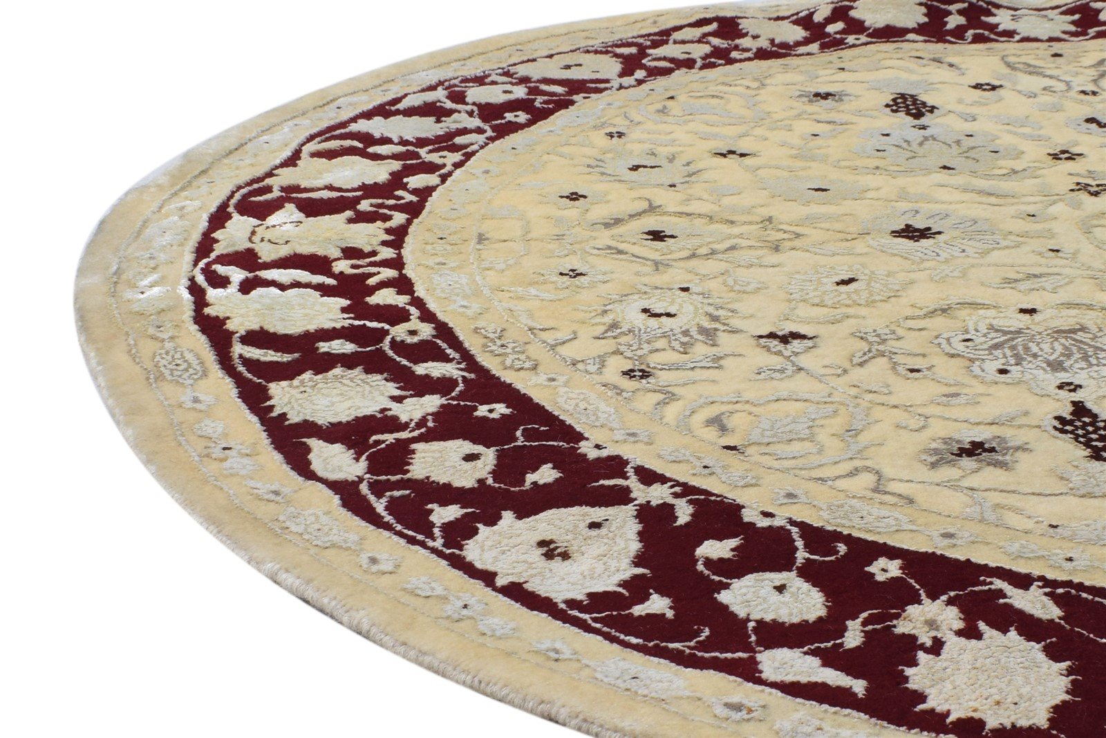 Wool / Silk Beige Rug 5X5 Persien Hand Knotted Kashan Oriental Room Size Round 