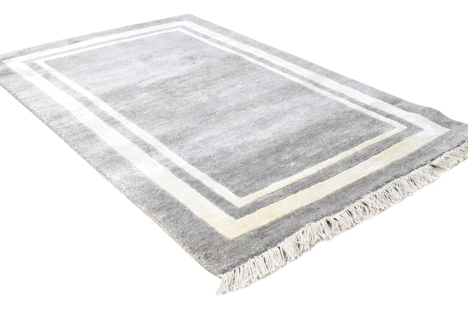 3X4 Rug Wool / Silk Grey Modern Hand Knotted Scandinavian Bordered Small Carpet 