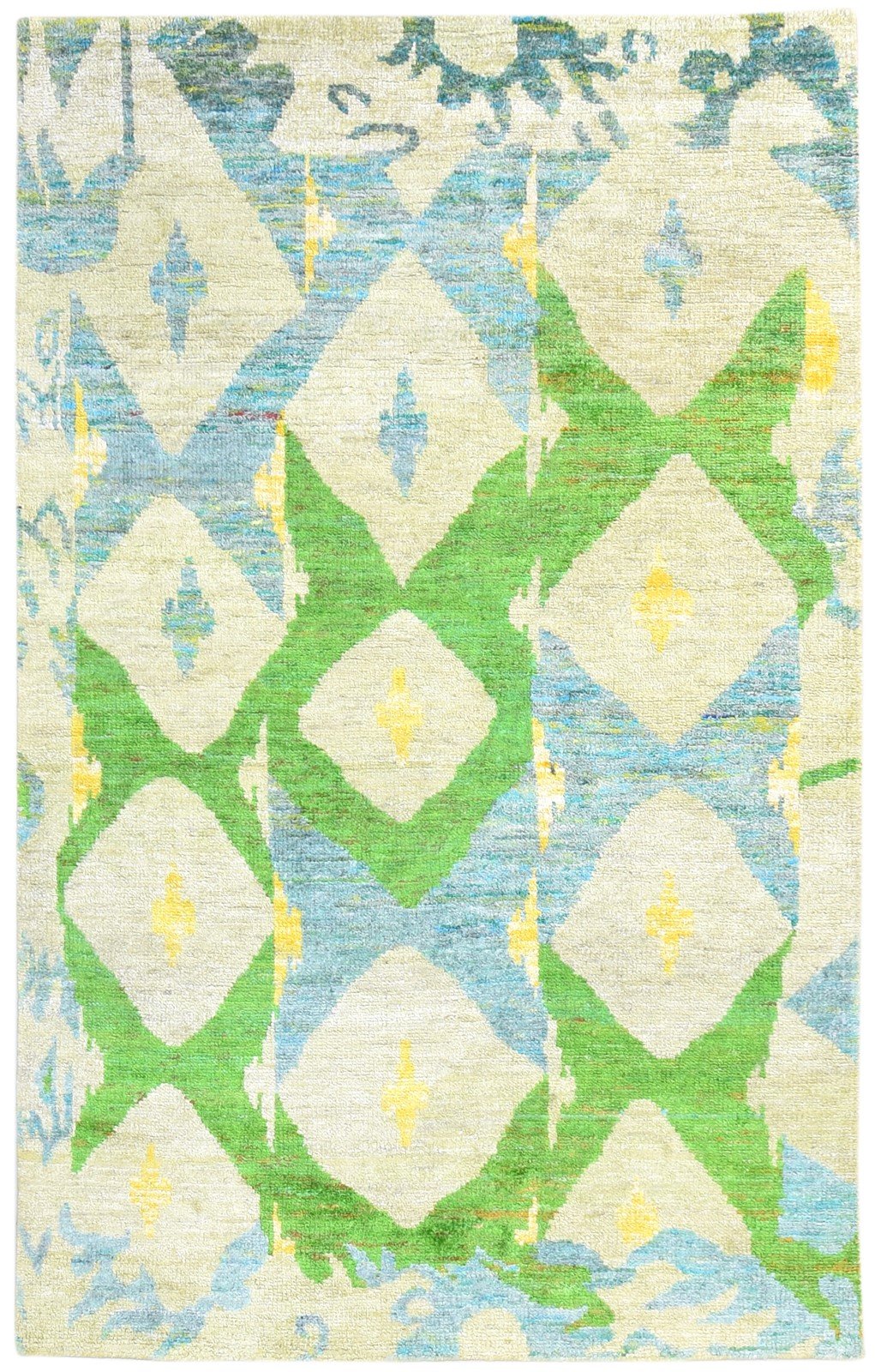 Hand Knotted Green Silk Rug 5' X 8' Modern American Abstract Room Size Carpet 