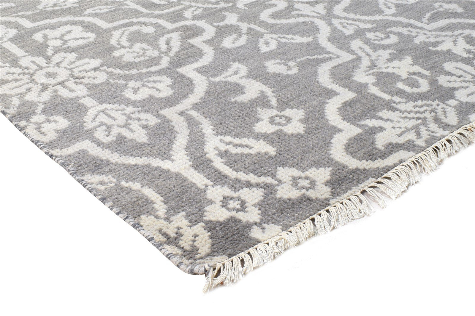 Hand Knotted Grey Wool Rug 5' X 7' Modern European Damask Room Size Carpet 