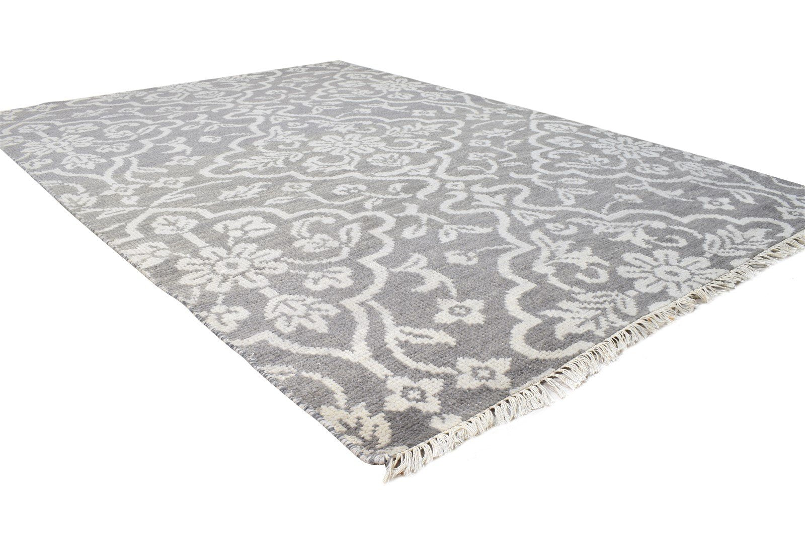 Hand Knotted Grey Wool Rug 5' X 7' Modern European Damask Room Size Carpet 