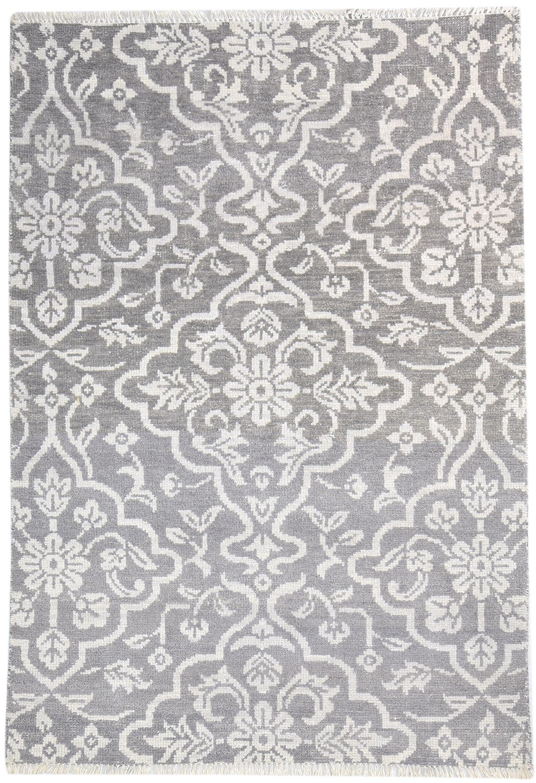 Hand Knotted Grey Wool Rug 5' X 7' Modern European Damask Room Size Carpet 