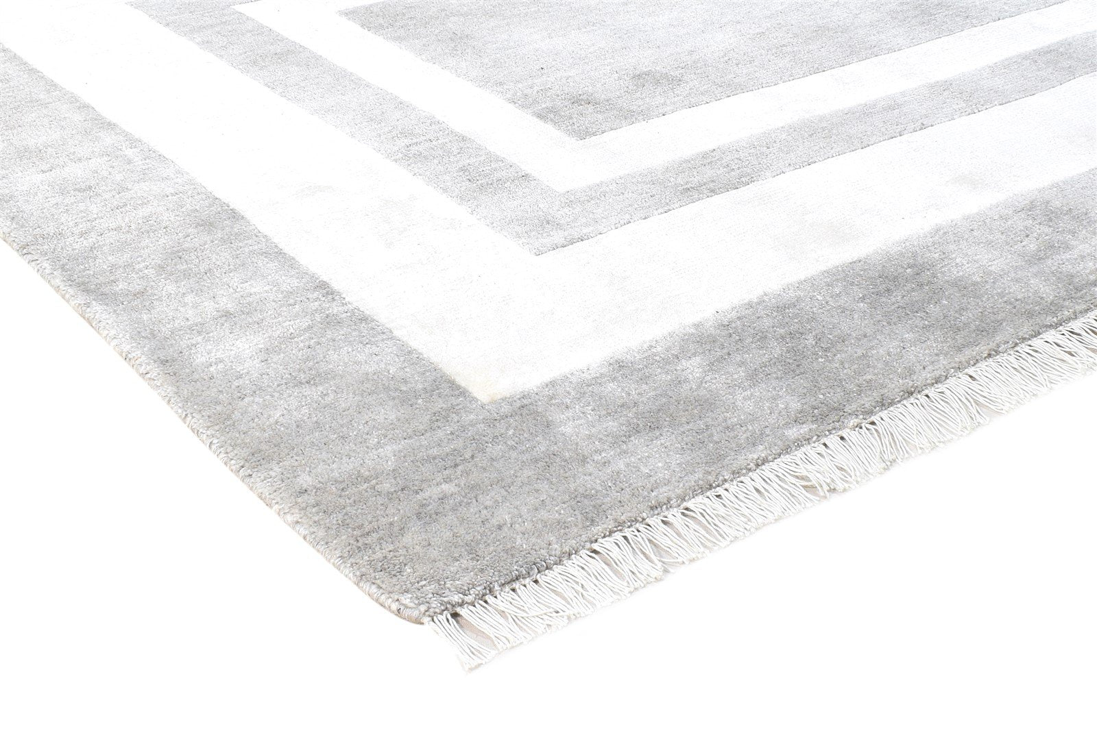 Grey Wool / Silk Rug 8X4 Modern Hand Knotted Scandinavian Bordered Large Carpet 