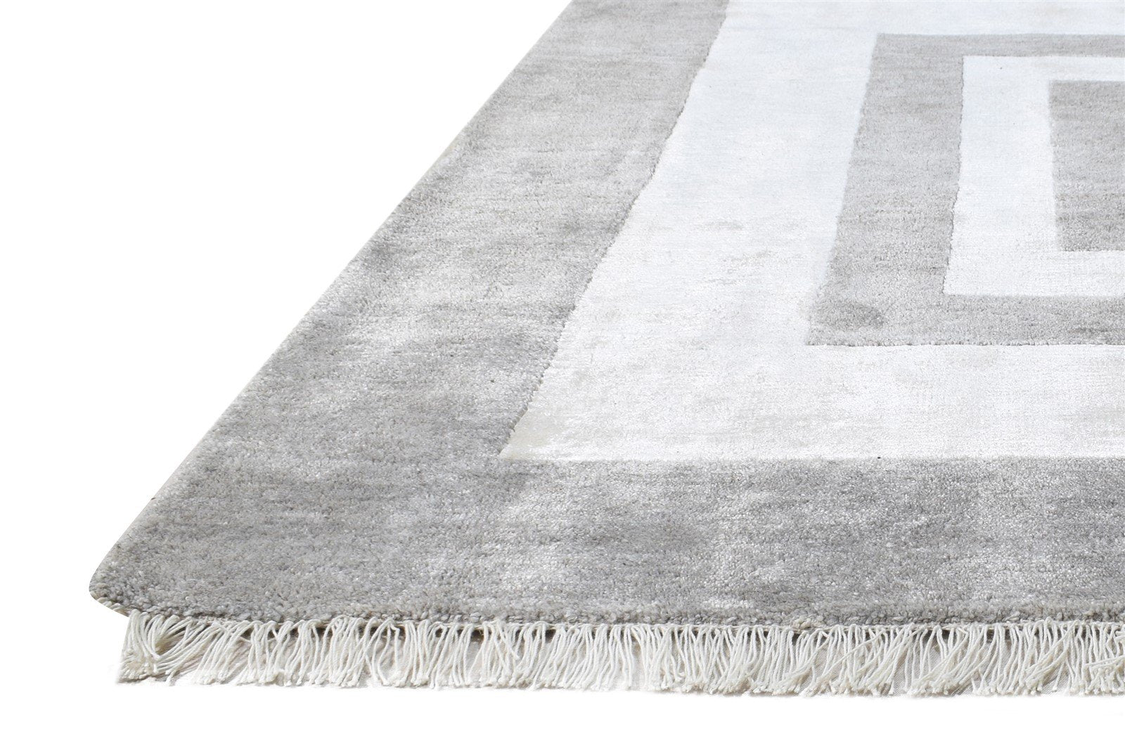 Grey Wool / Silk Rug 8X4 Modern Hand Knotted Scandinavian Bordered Large Carpet 