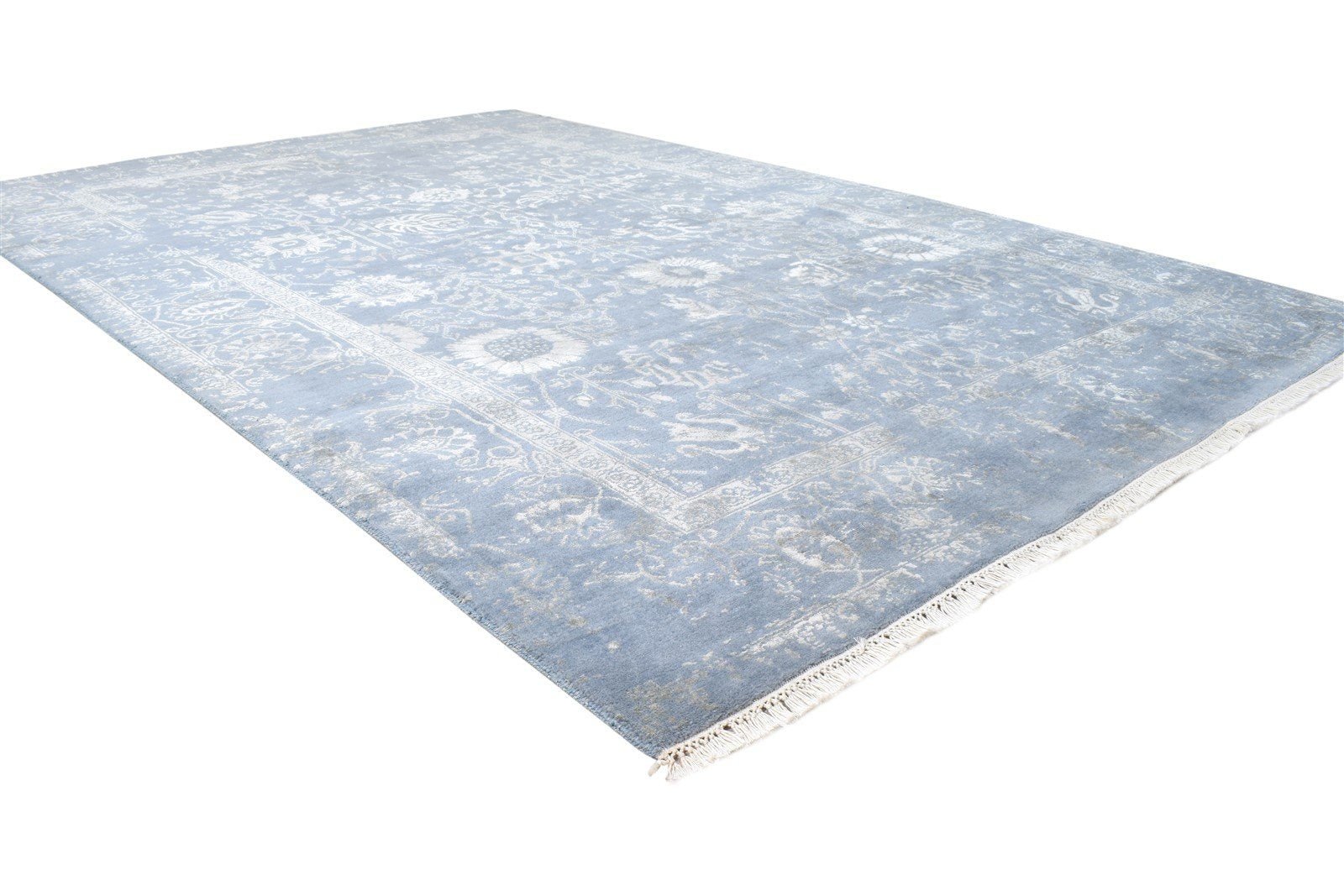 Hand Knotted Blue Wool / Silk Rug 6X9 Persien Kashan Oriental Room Size Carpet  Area Rug 