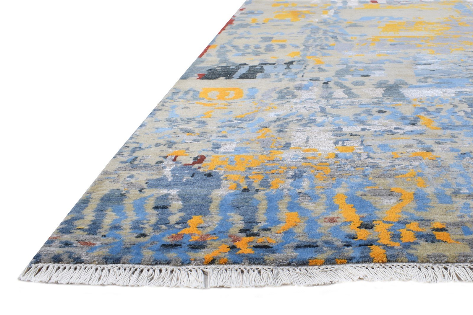 Hand Knotted Blue Wool / Silk Rug 8' X 11' Modern Indian Abstract Large Carpet 