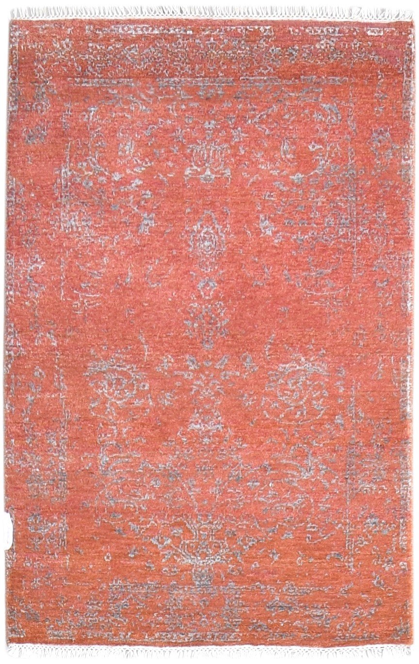 Hand Knotted Rust Wool / Silk Rug 3' X 4' Modern Oriental Abstract Small Carpet 