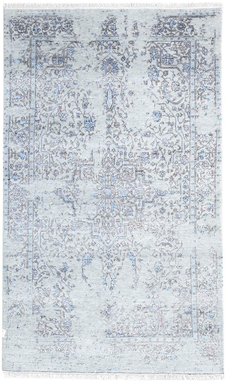 Wool / Silk Grey Rug 4X7 Modern Hand Knotted Oriental Abstract Room Size Carpet 